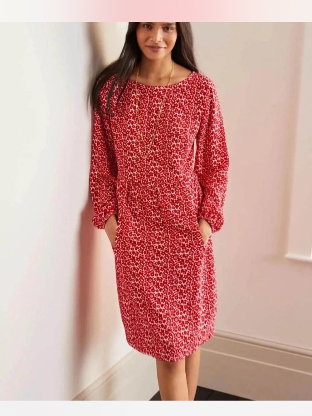 NWT Boden Serena Long Sleeve MIDI Dress US Sz 6 Petite Cherry Red White Floral